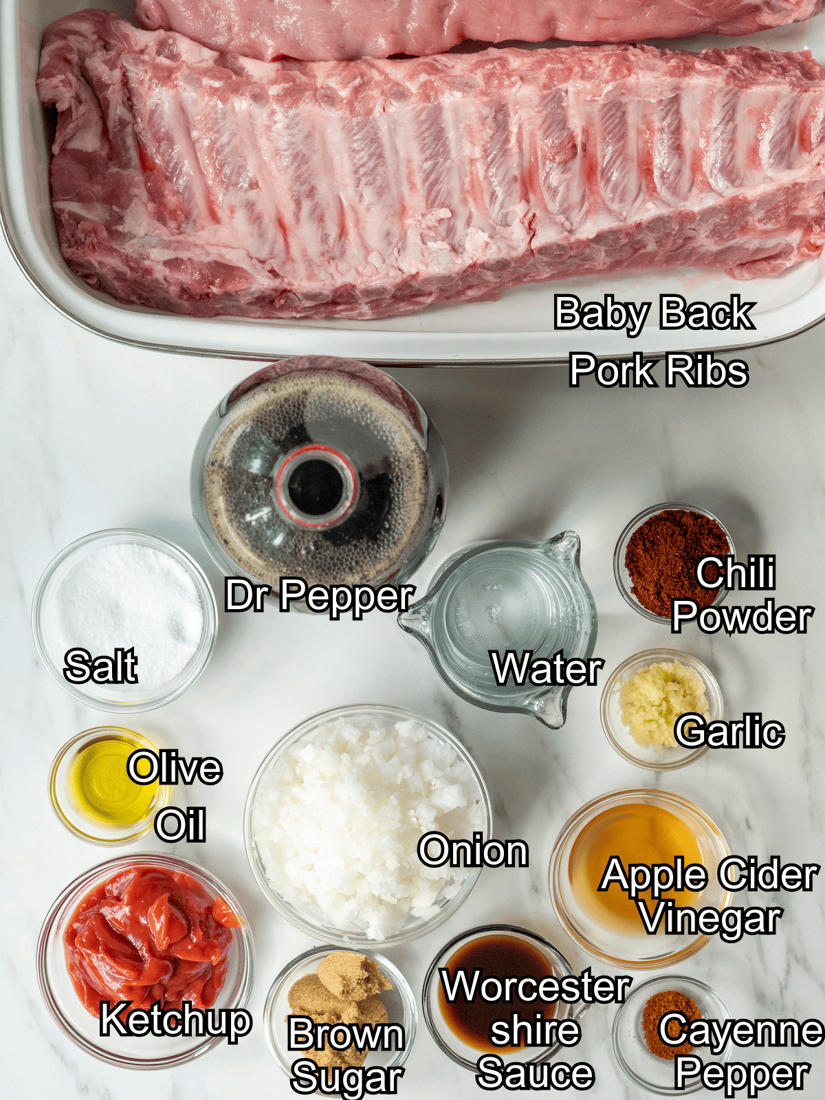 mise-en-place with all the ingredients required to make BBQ baby back ribs.