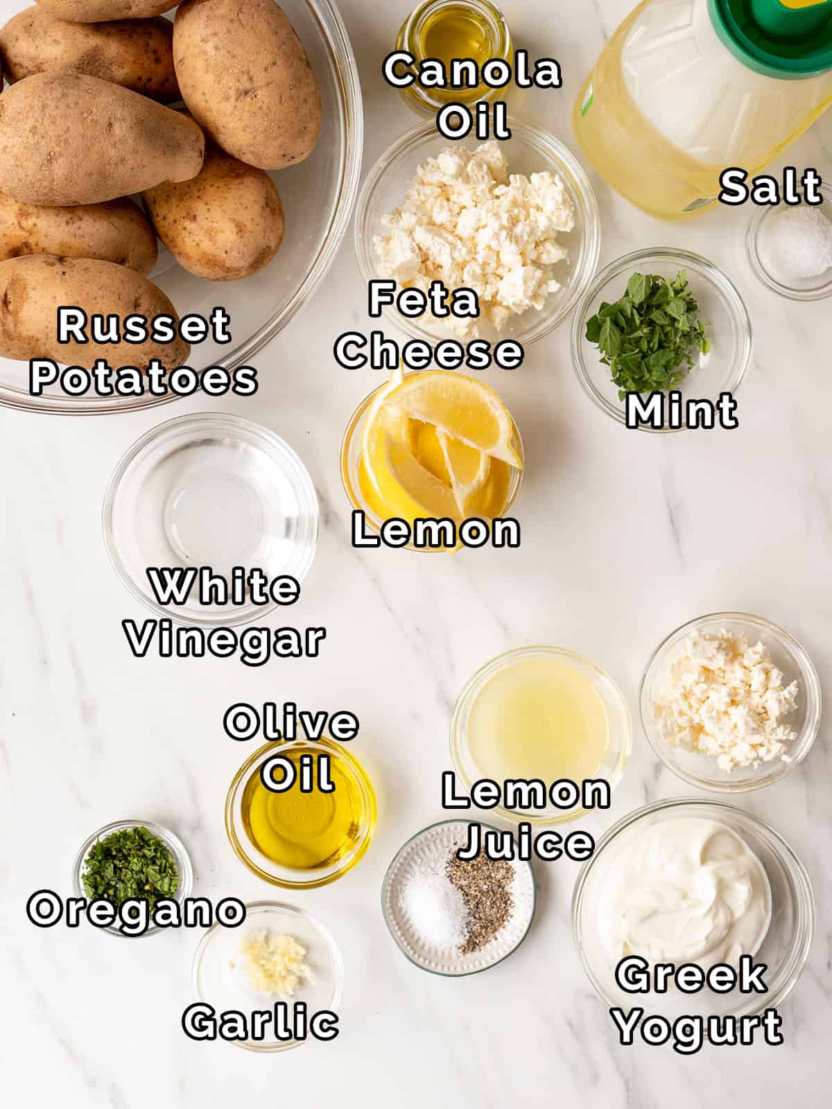 An overhead shot of all the ingredients used to make this recipe in individual bowls.    