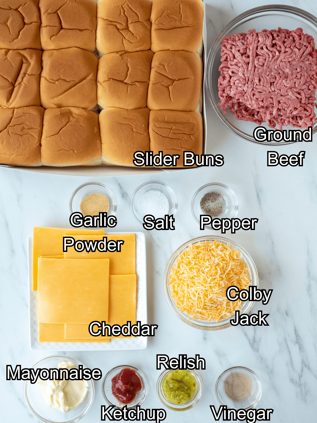 mise-en-place with all the ingredients required to make cheeseburger sliders.