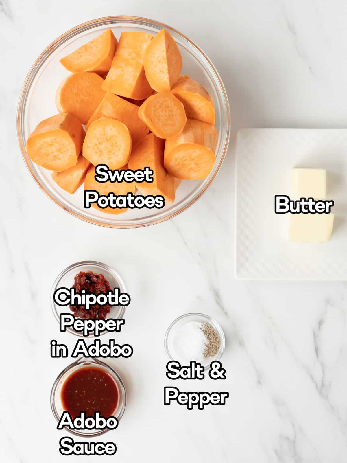mise-en-place with all the ingredients required to make chipotle mashed sweet potatoes.