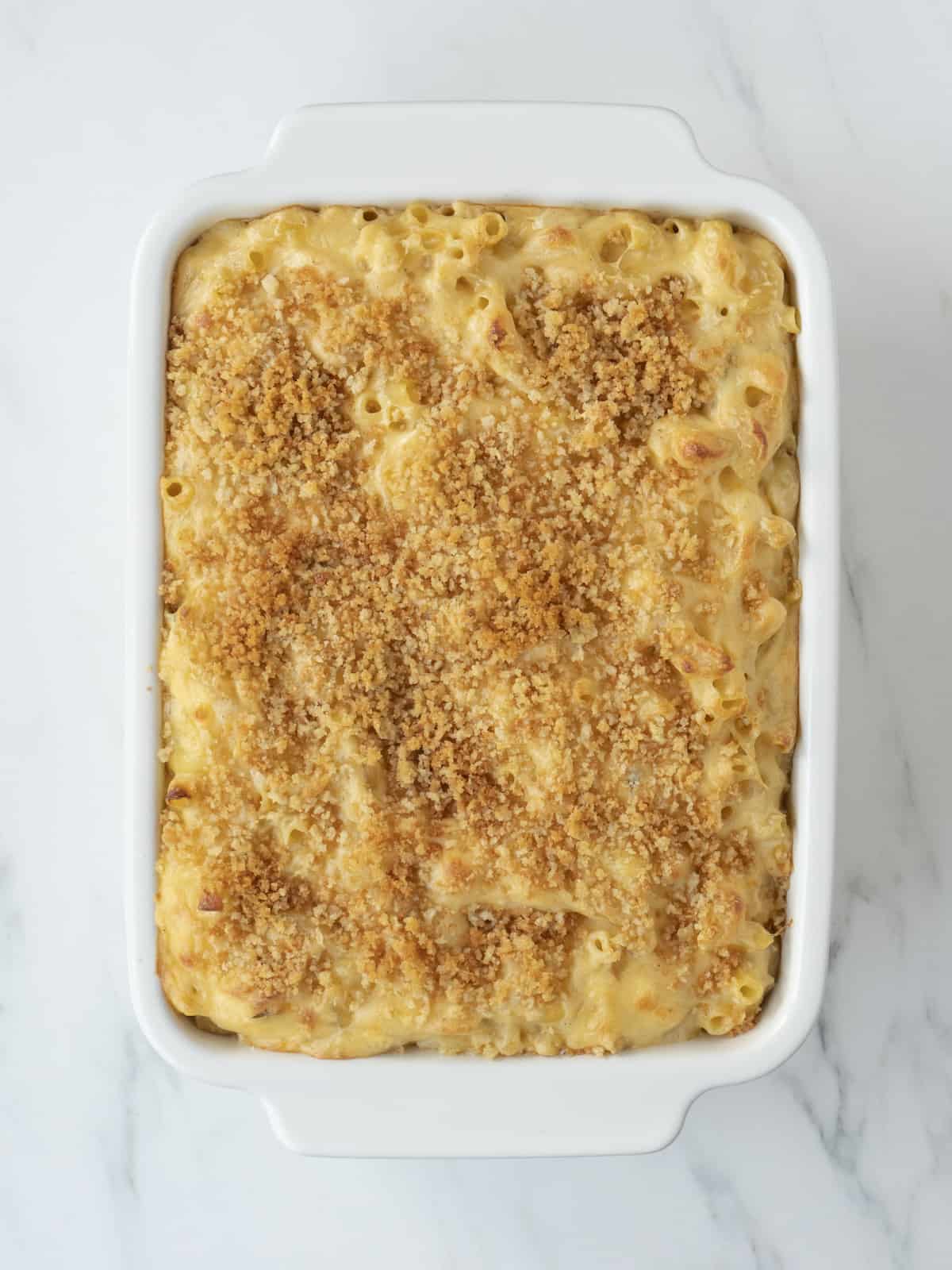 A large white baking dish with baked mac and cheese with panko breadcrumbs on top.