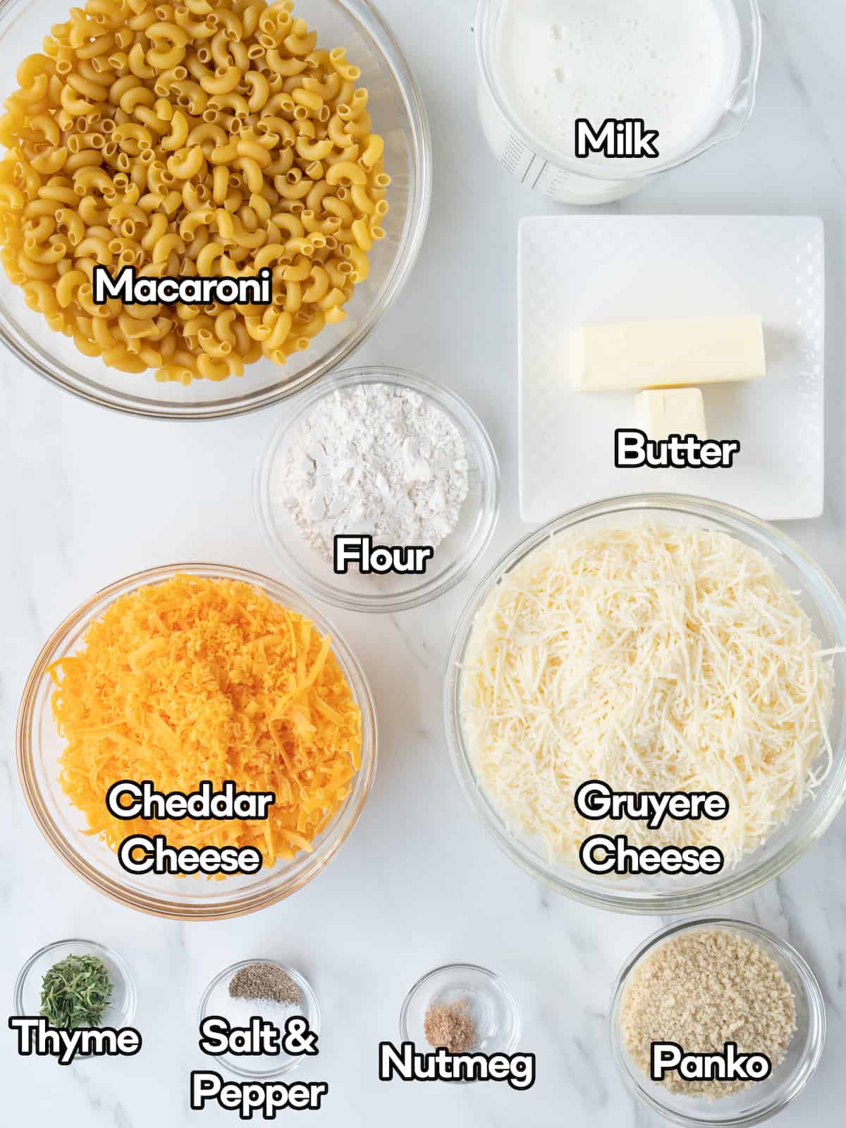 mise-en-place with all the ingredients required to make baked mac and cheese.