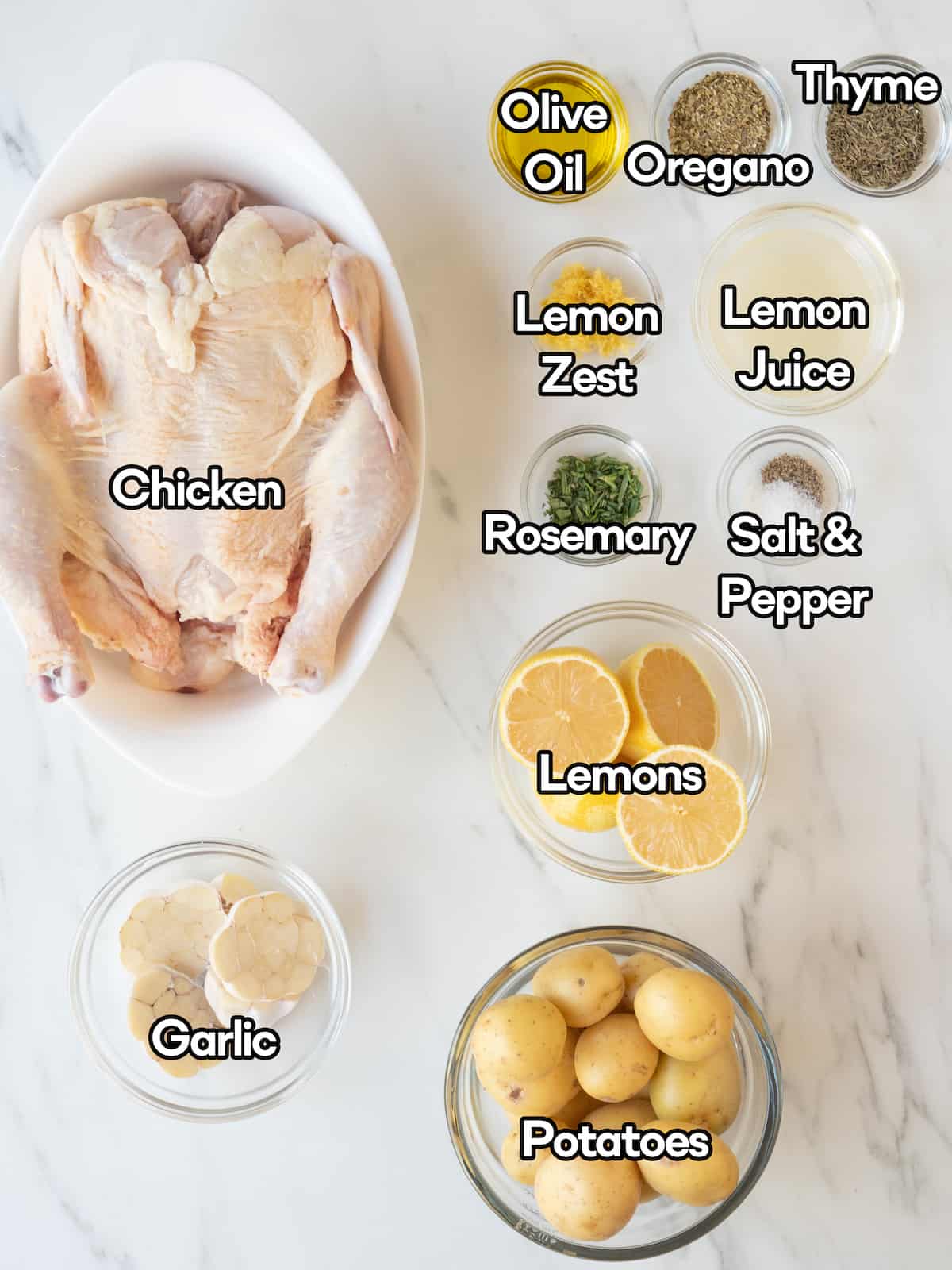 mise-en-place with all the ingredients required to make lemon roasted spatchcock chicken