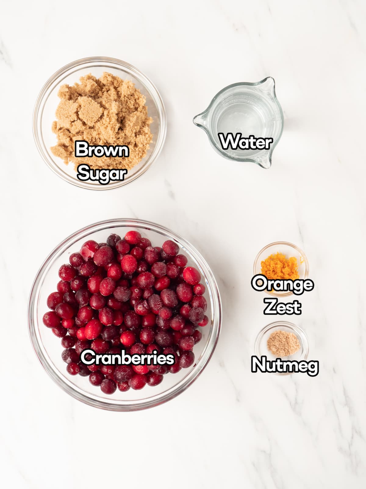 mise-en-place with all the ingredients required to make cranberry sauce.