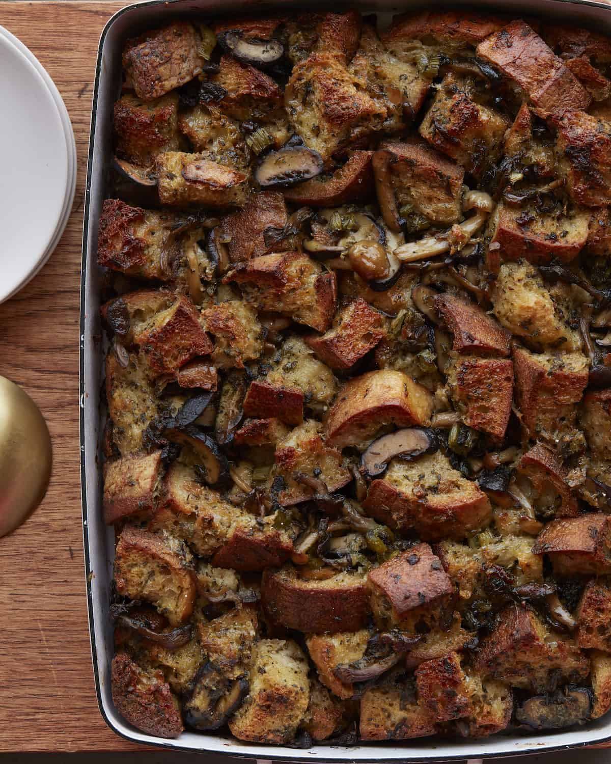 A close-up shot of a baking dish with mushroom stuffing in it.