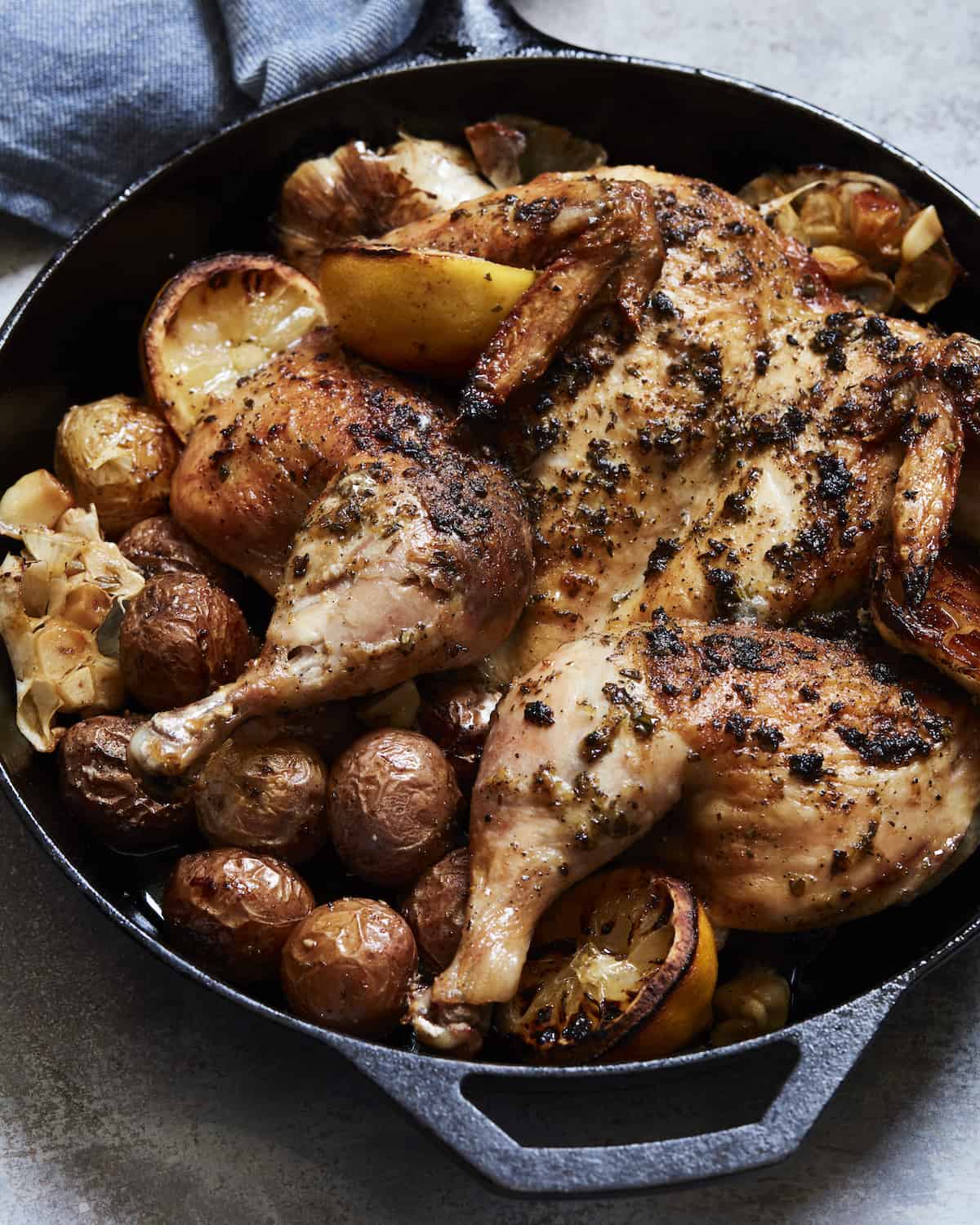 A skillet closeup, with a roasted spatchcock chicken on a bed of lemon halves and baby potatoes on a blue kitchen towel.
