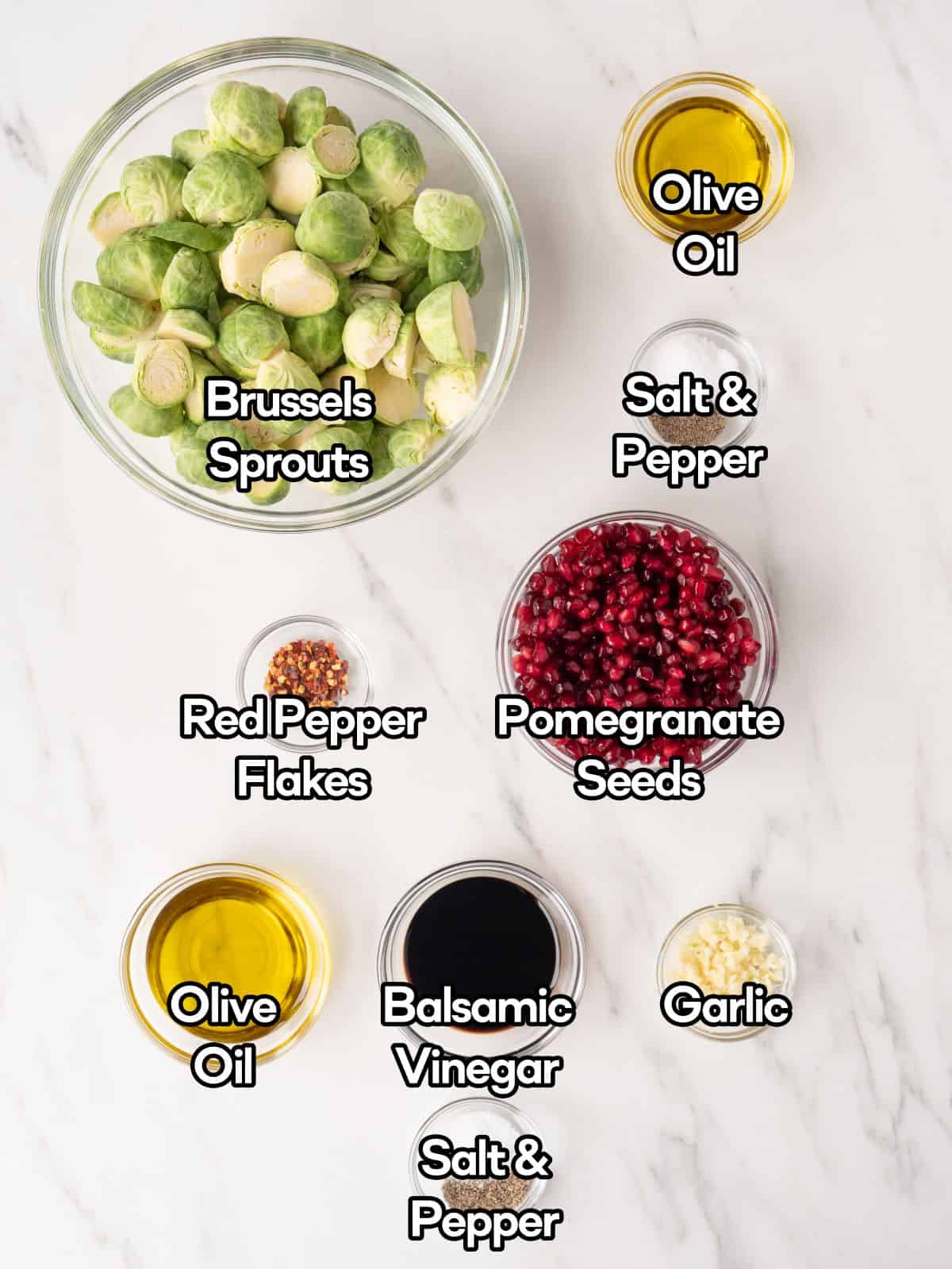 Mise-en-place of all the ingredients to make roasted brussels sprouts salad with pomegranate seeds.