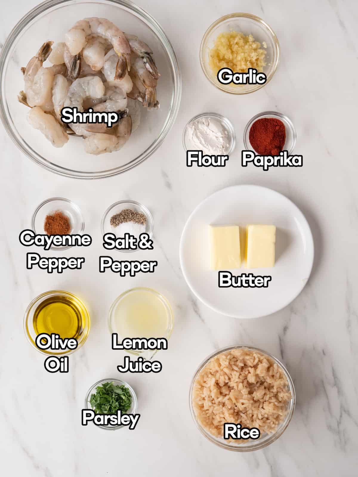 Mise-en-place with all the ingredients required to make hawaiian garlic shrimp.