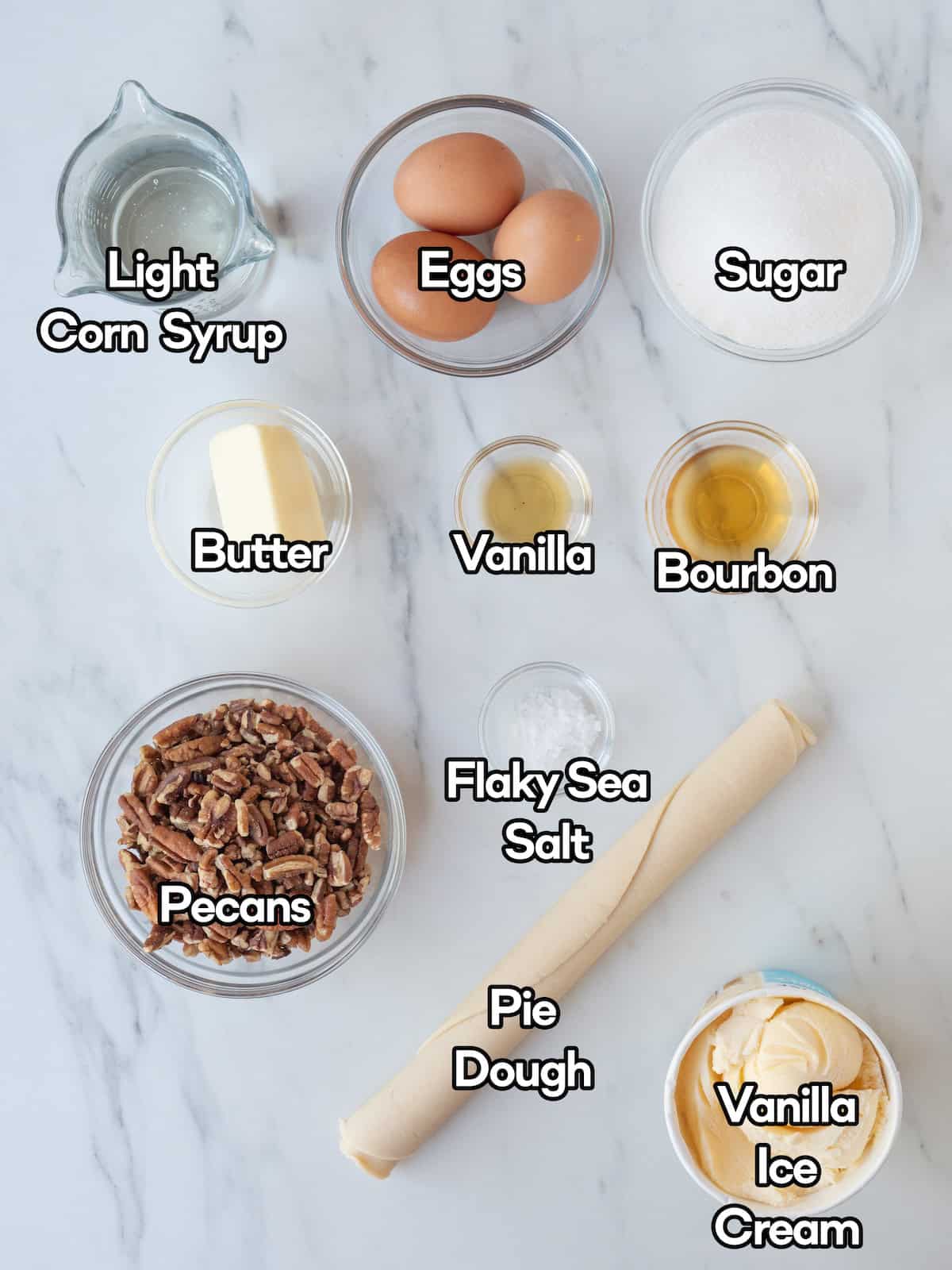 Mise en place of all ingredients to make brown butter bourbon pecan pie.