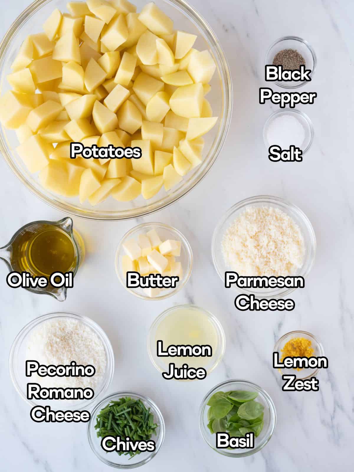 Mise-en-place of all the ingredients to make cacio e pepe potatoes. 