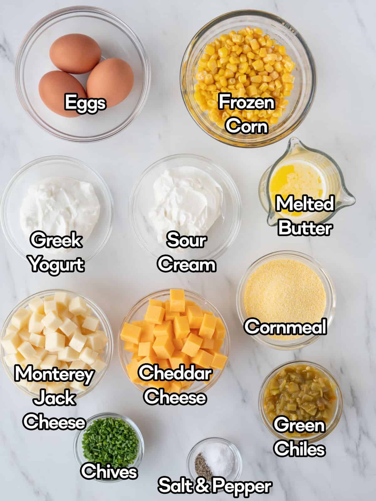 Mise-en-place of all the ingredients to make corn soufflé.