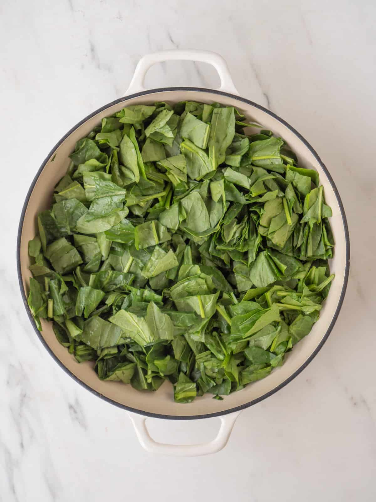 A dutch oven with chopped spinach added to olive oil.