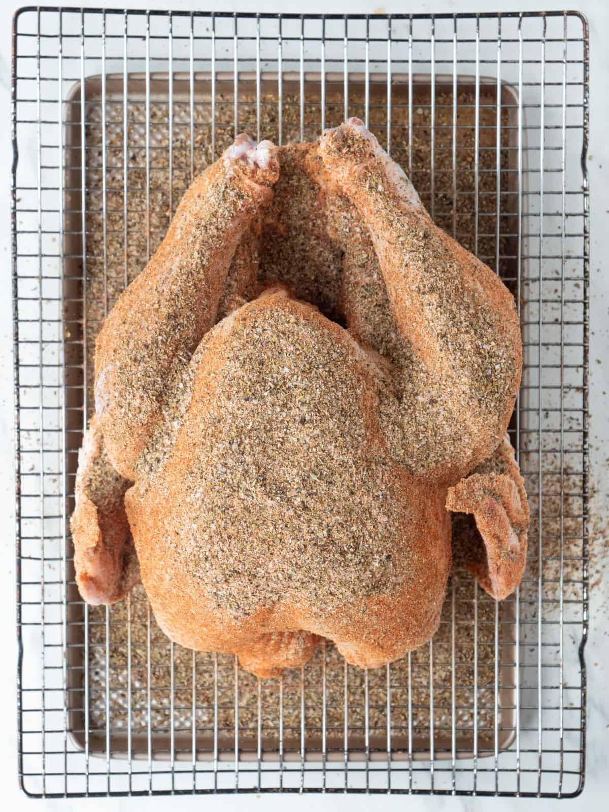A baking sheet with a wire rack with a turkey on top, completely rubbed with dry brine.