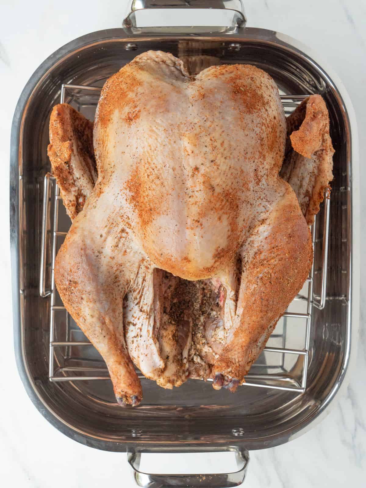 A roasting pan with a wire rack on top with a whole turkey placed on top of the rack.