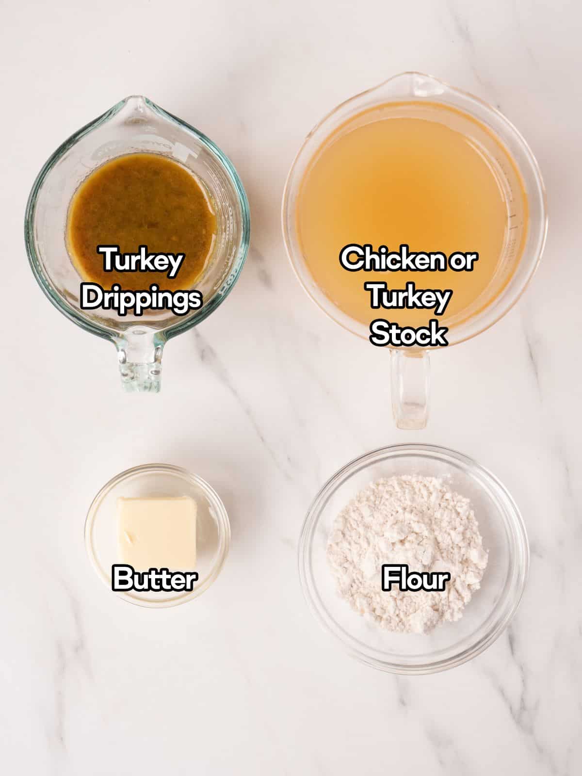 A mise-en-place of all the ingredients required to make turkey gravy.