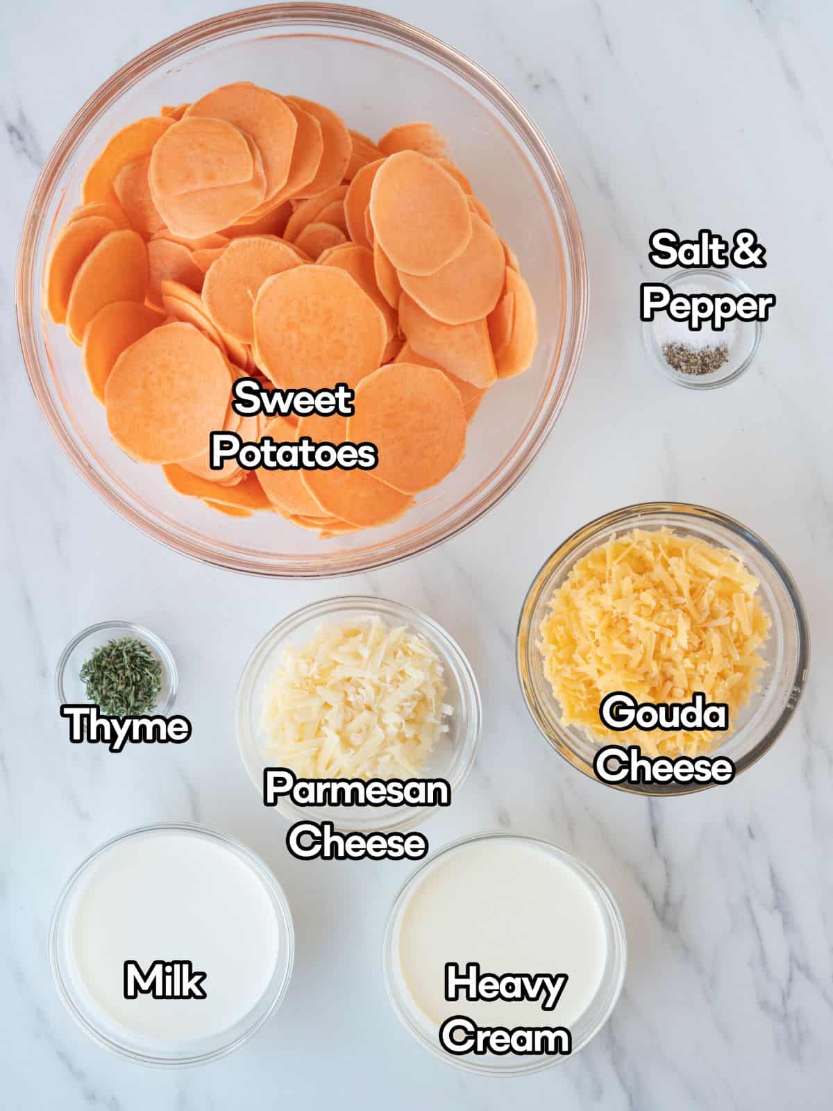 A mise-en-place of all the ingredients to make sweet potato gratin.