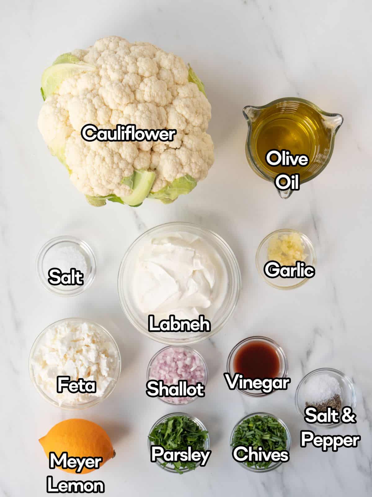 Mise-en-place of all ingredients to make whole roasted cauliflower.