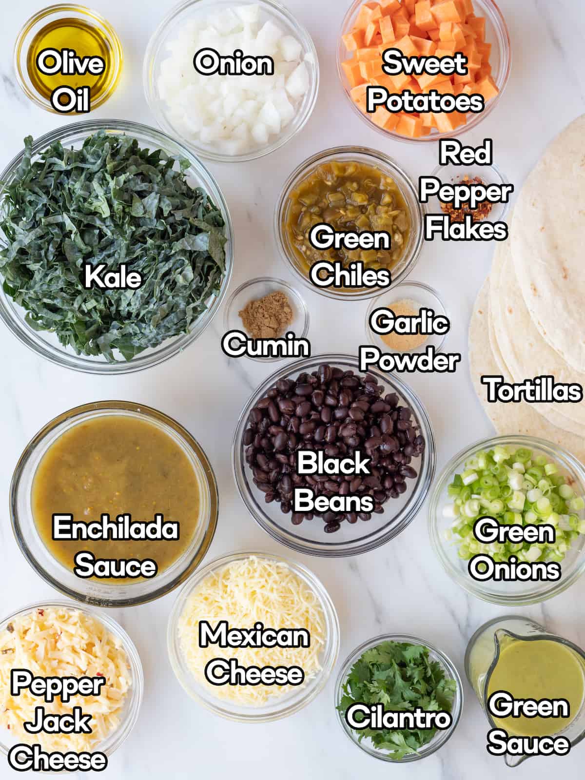 Mise-en-place of all the ingredients to make vegetarian enchiladas.