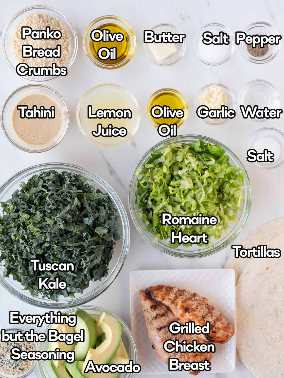 A mise-en-place of all the ingredients to make chicken caesar wrap.