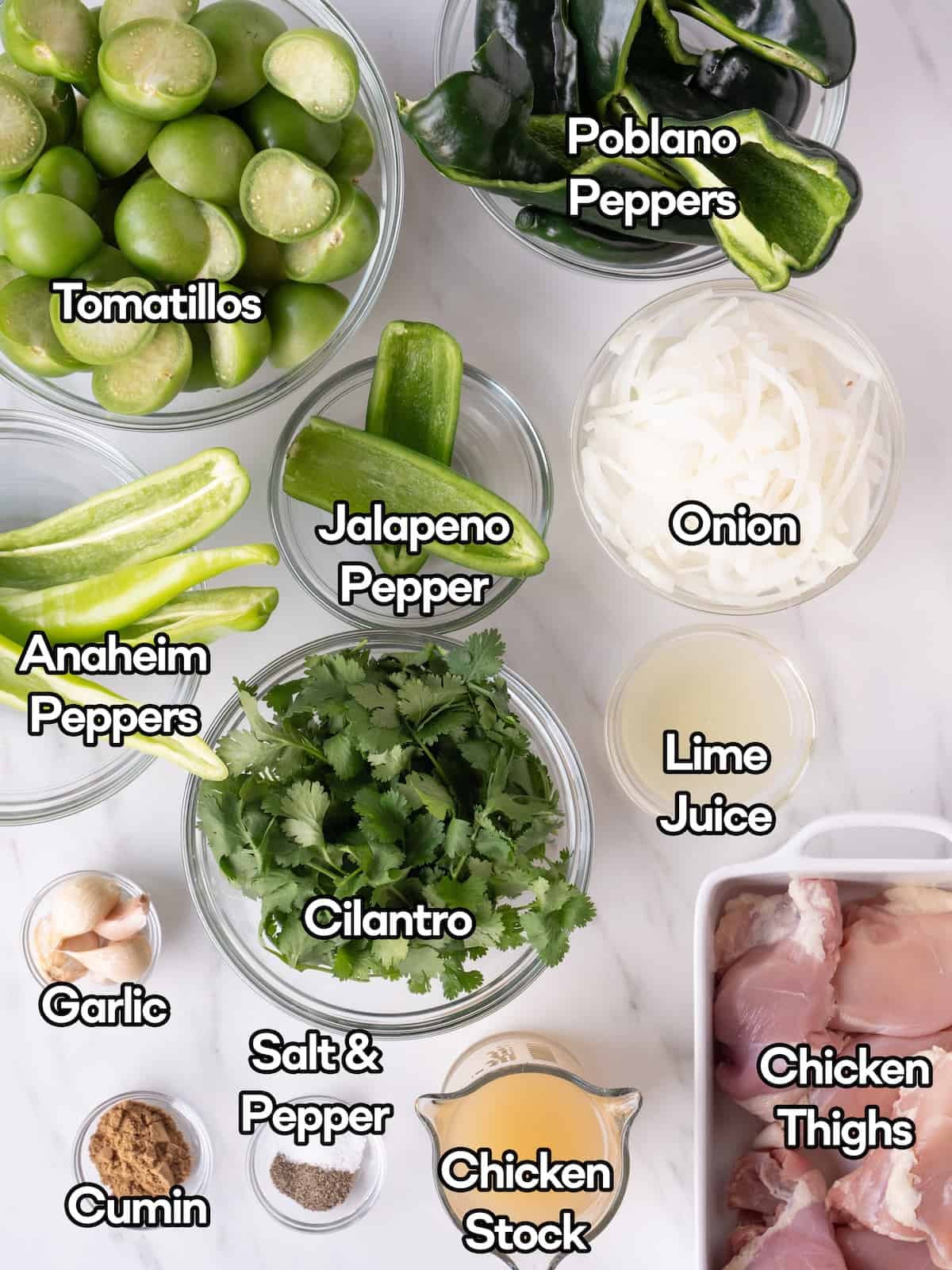 Mise-en-place of all the ingredients to make chicken chili verde.