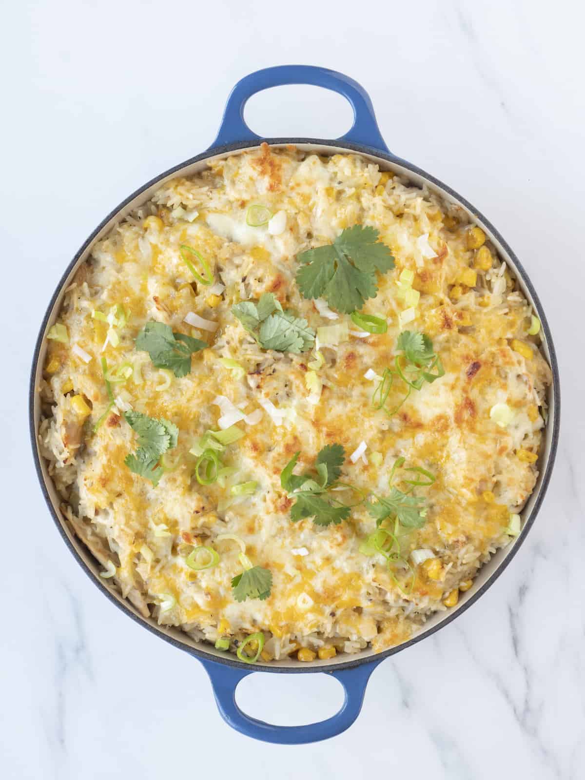 A blue dutch oven with baked cheesy chicken and rice casserole fresh out of the oven garnished with cilantro leaves and chopped scallions.