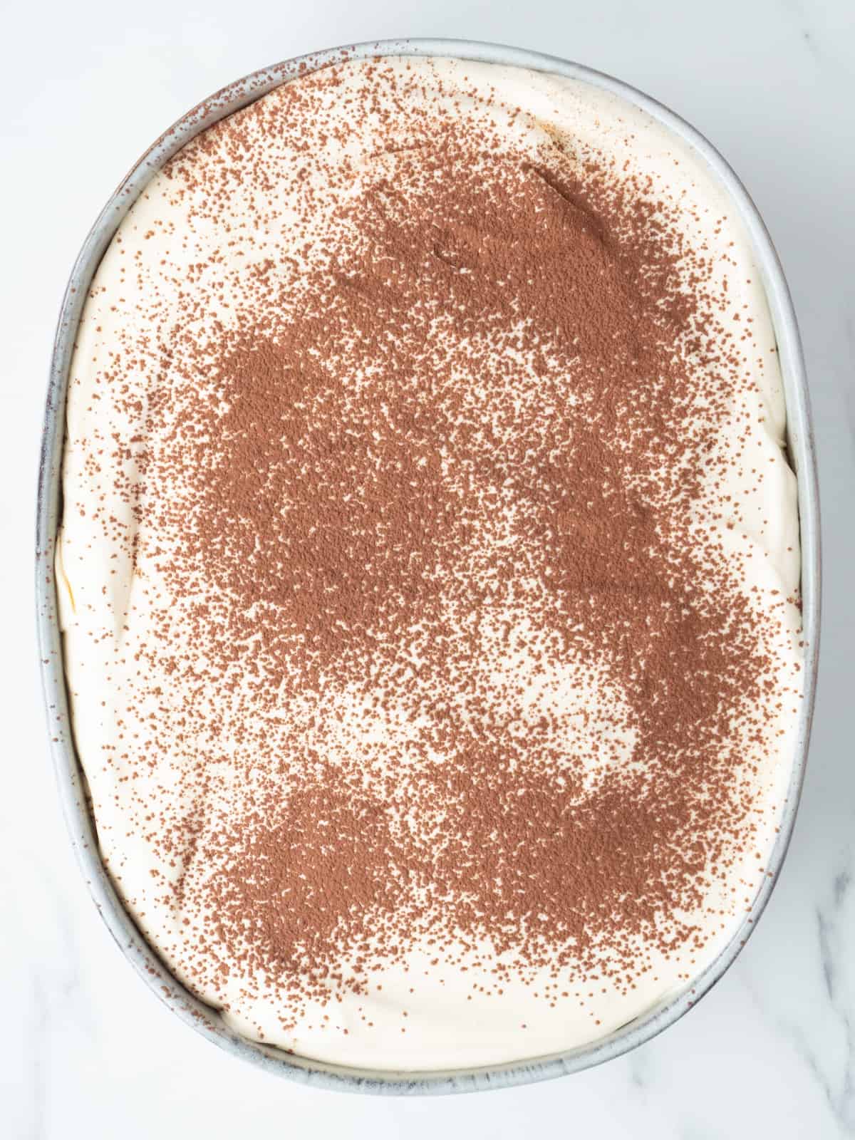 An oval platter with tiramisu, dusted with cocoa powder on the top.