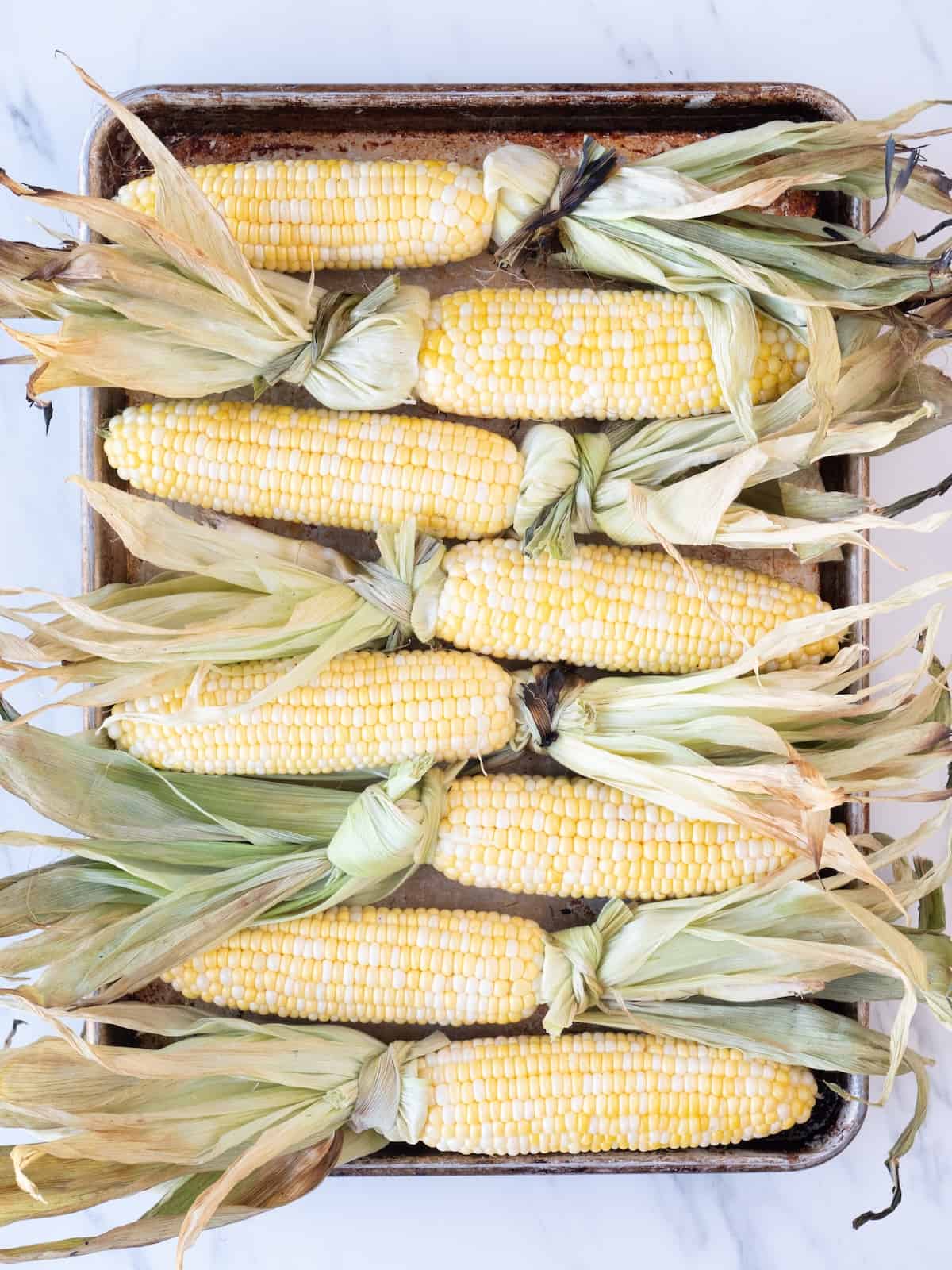 A sheet pan with 8 corn on the cobs with husks pulled back but still attached, and the corn on the cob visible.