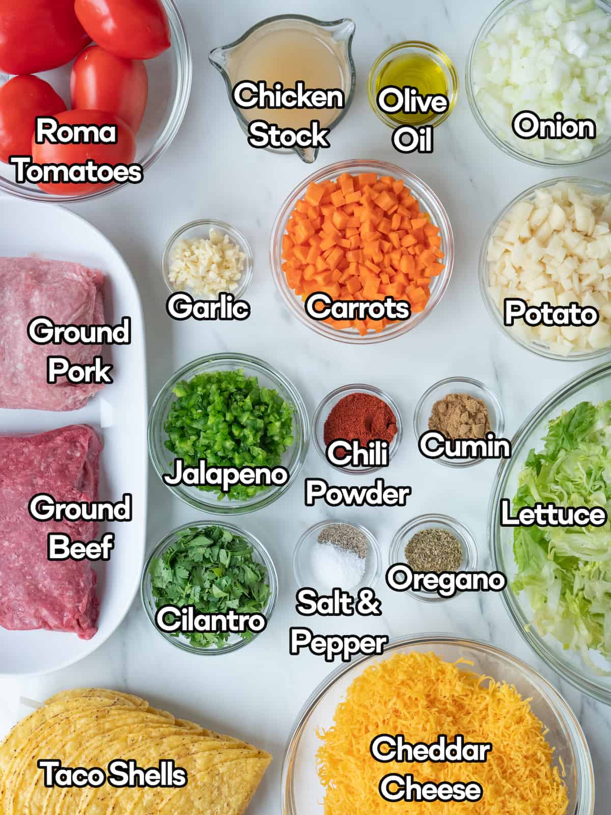 Mise-en-place of all the ingredients required to make picadillo tacos.