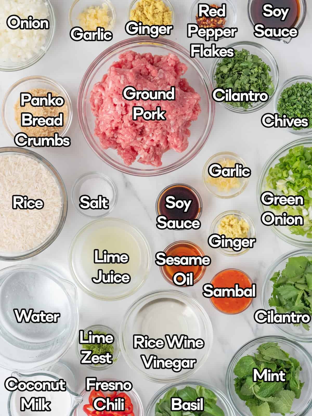 Mise-en-place of all the ingredients to make asian pork meatballs.