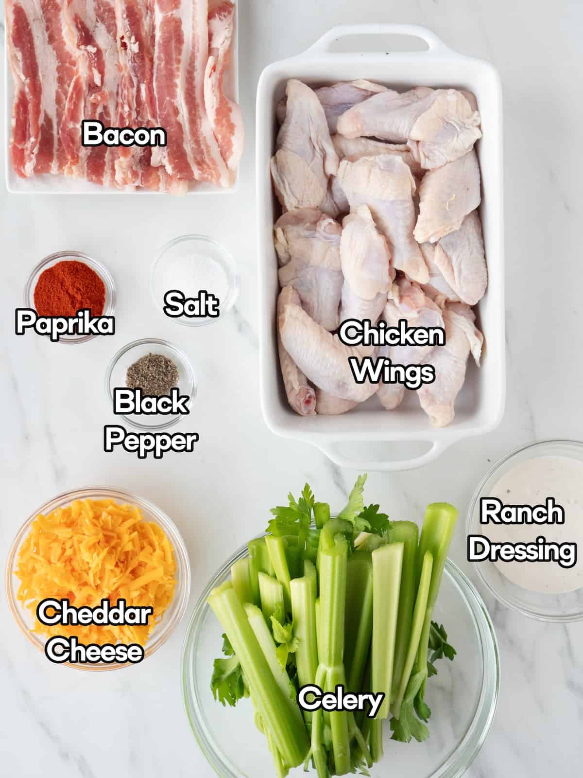 Mise-en-place of all the ingredients required to make bacon cheddar chicken wings.