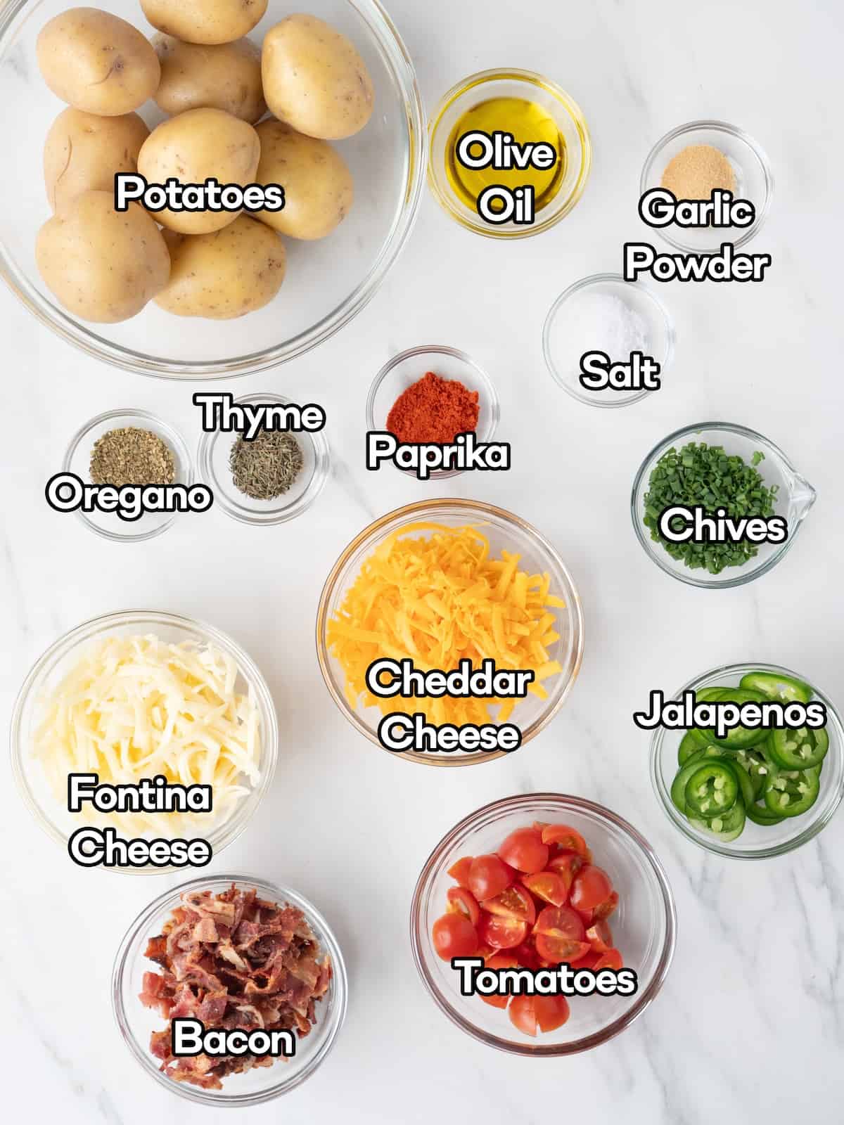 Mise-en-place of all the ingredients to make jalapeño bacon loaded potatoes