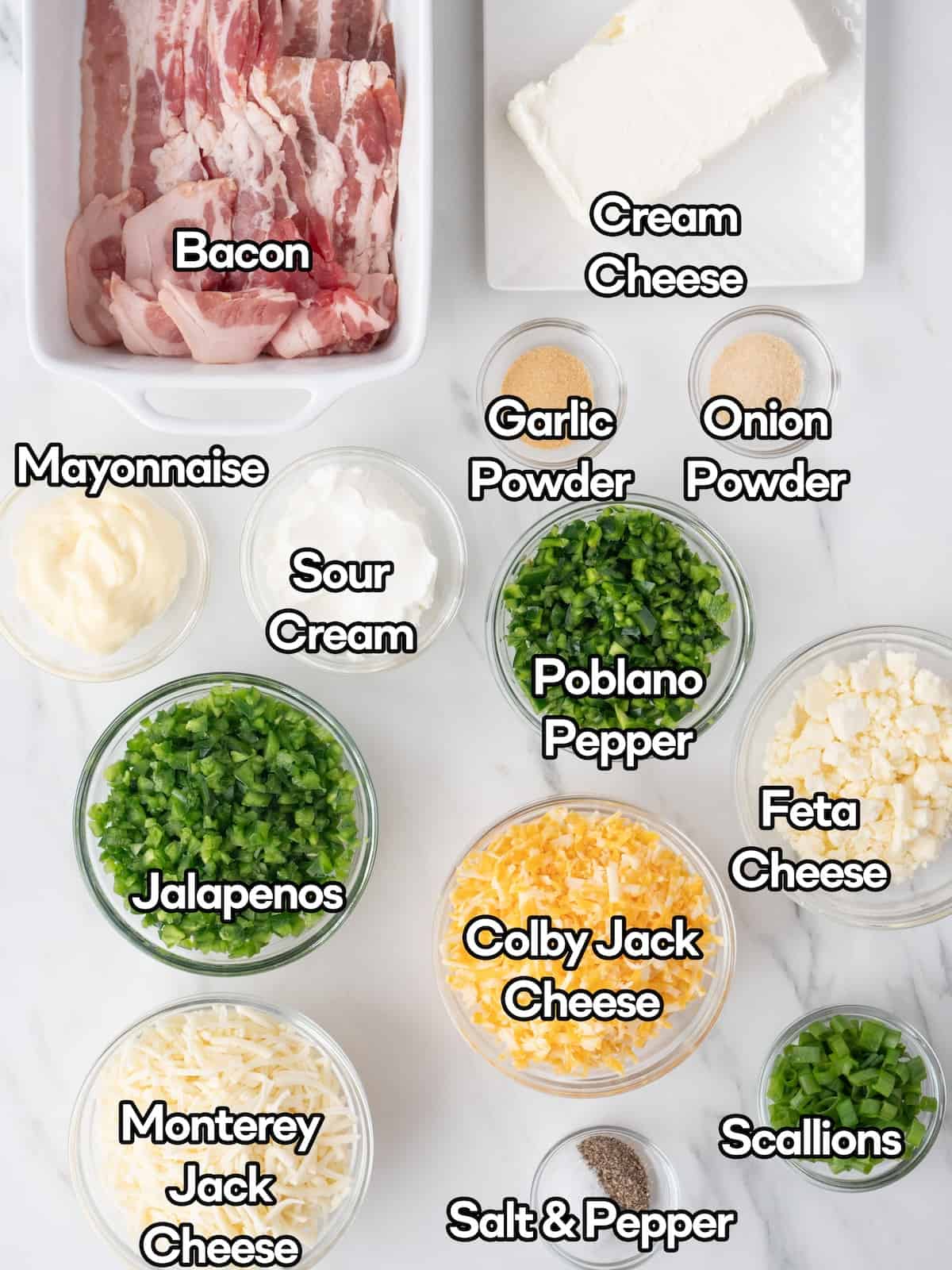 Mise-en-place of all the ingredients to make jalapeno popper dip.