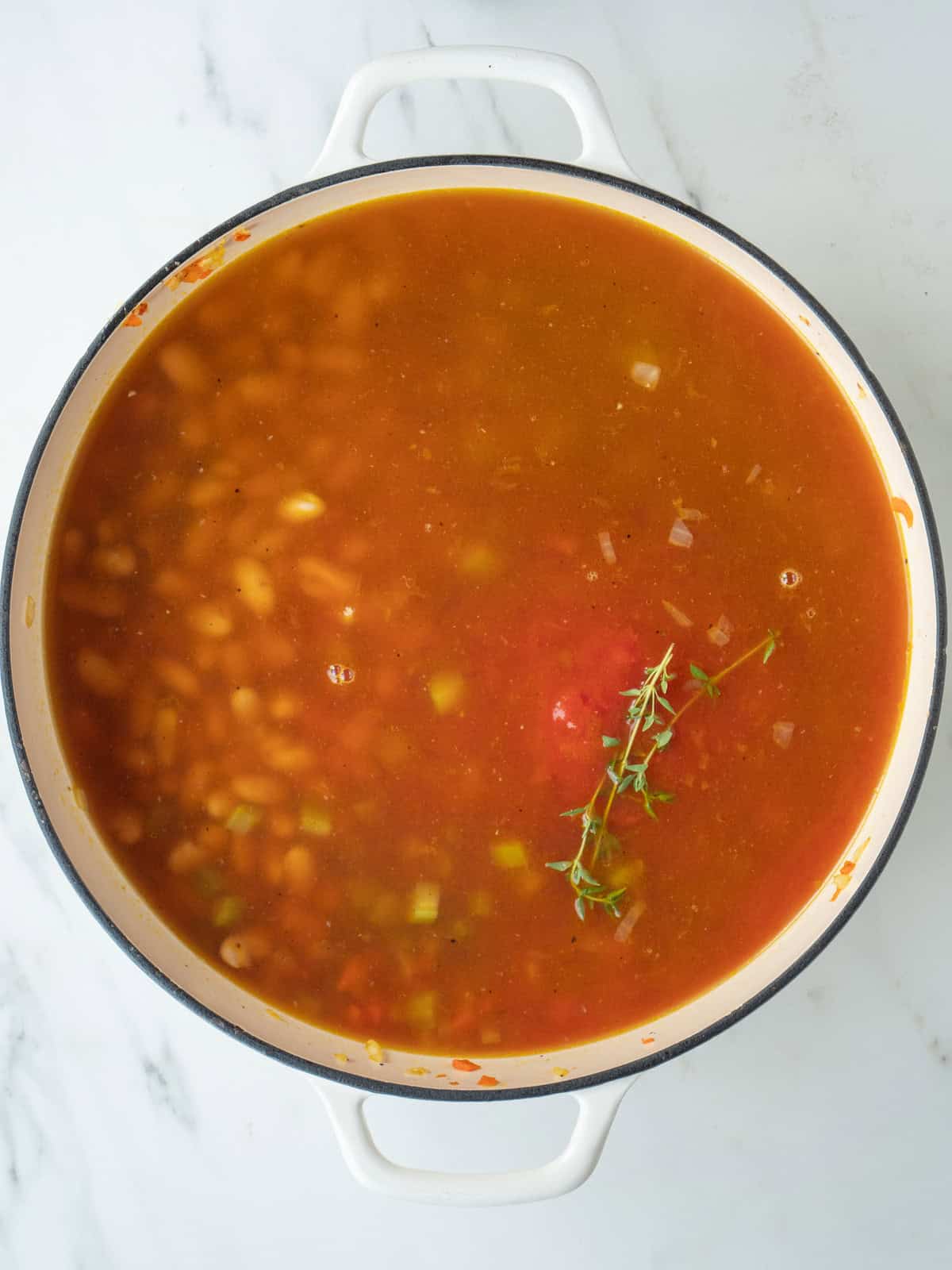 A dutch oven with ribollita soup being made and beans, stock and thyme just added.