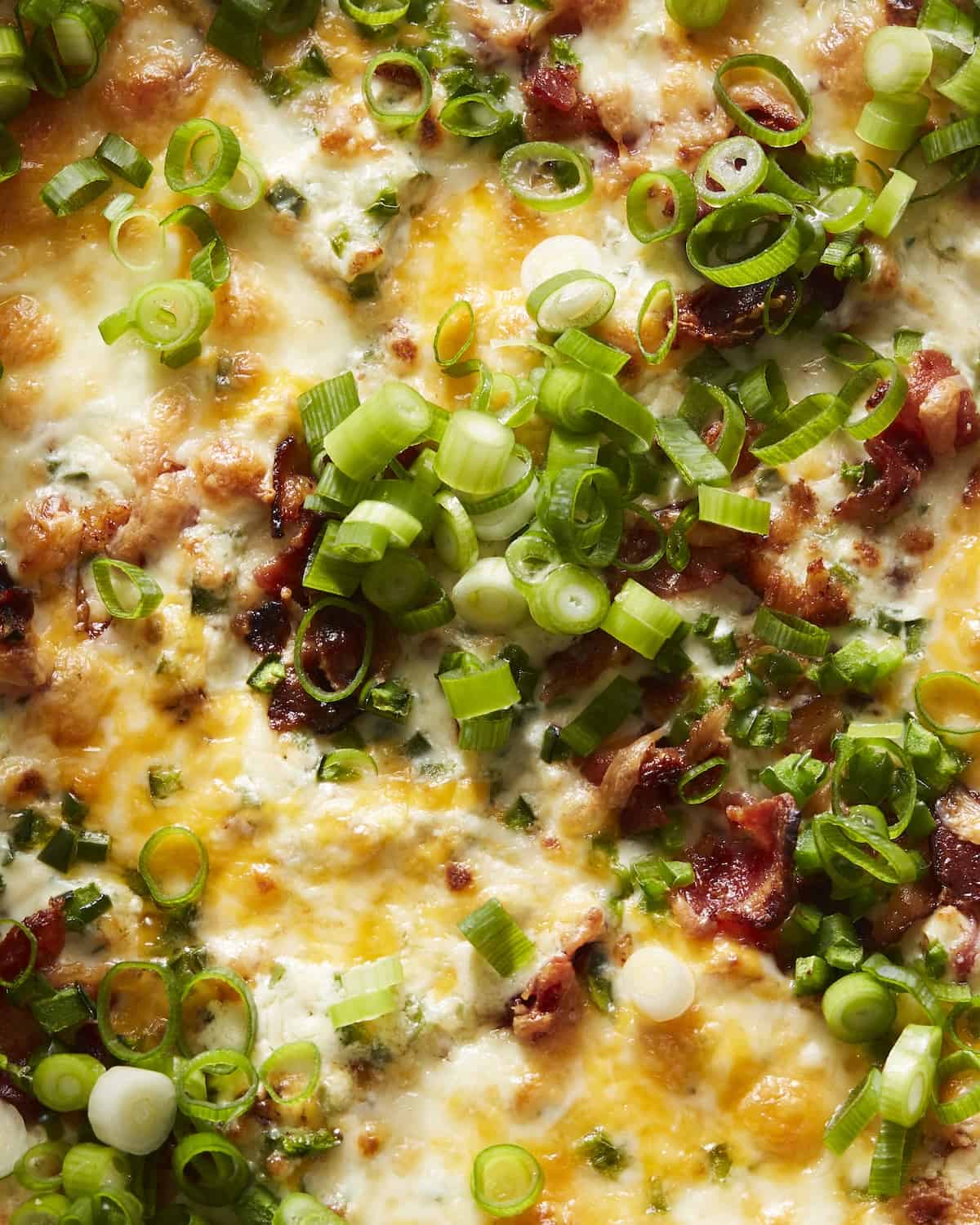 A closeup shot of the cheesy top of jalapeño popper dip, with the bacon bits and chopped scallion garnish.