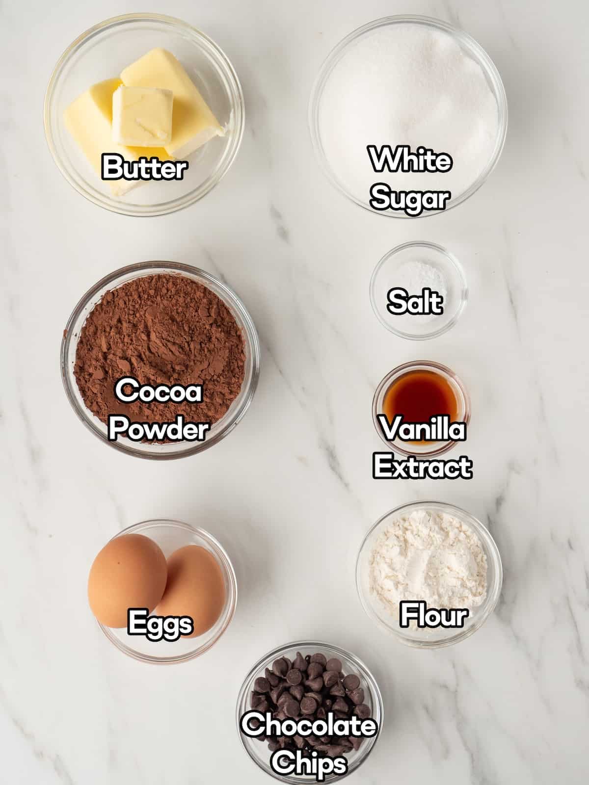 Mise-en-place of all ingredients to make crinkle top brownie bites.