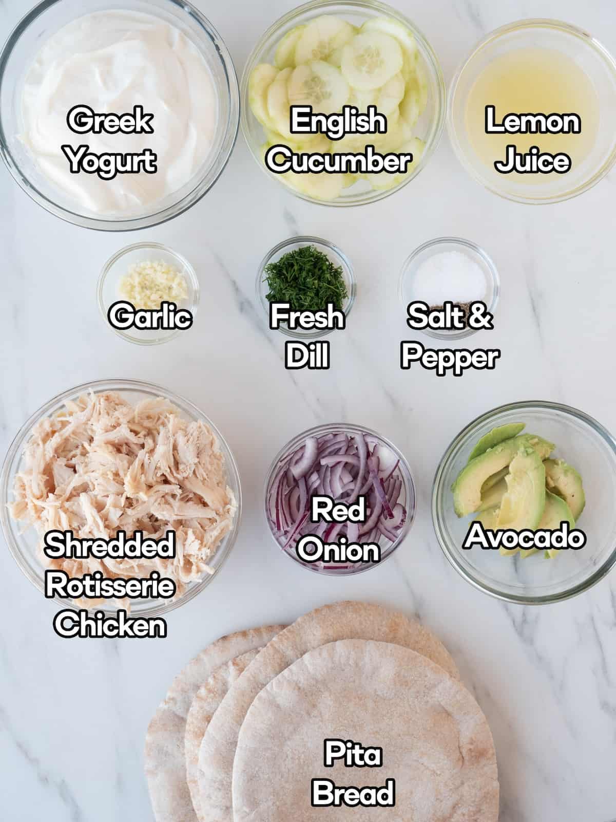 Mise-en-place of all the ingredients to make Greek Chicken Stuffed Pitas