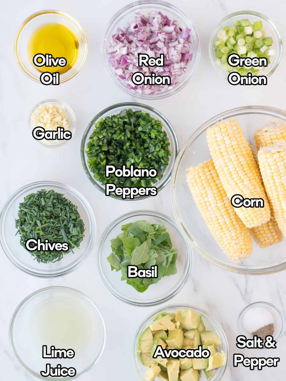 Mise en place of all the ingredients to make Avocado Corn Salad