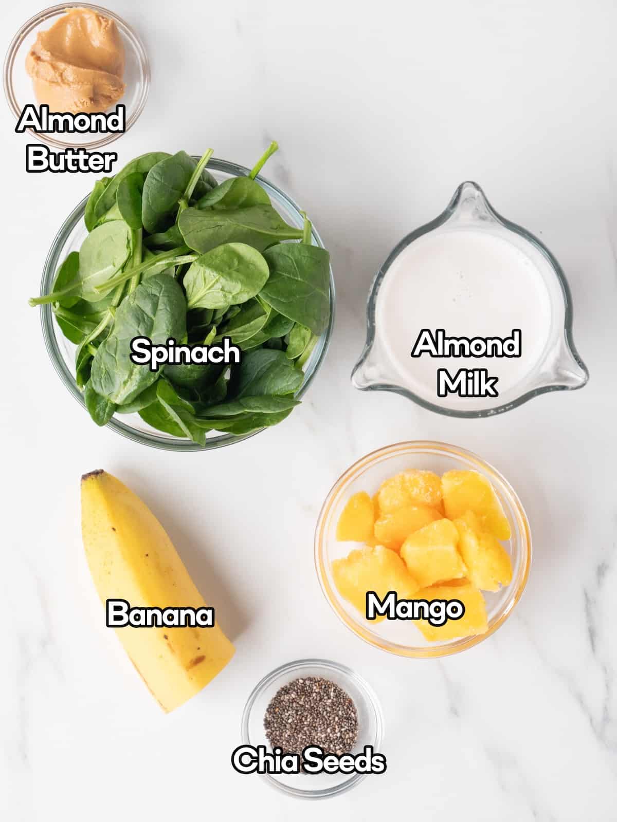 Mise en place of all ingredients to make Breakfast Spinach Smoothie.