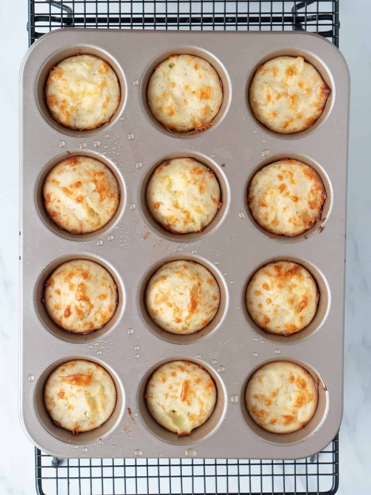 A muffin pan with 12 baked cheese pizza bites, placed on a wire rack.