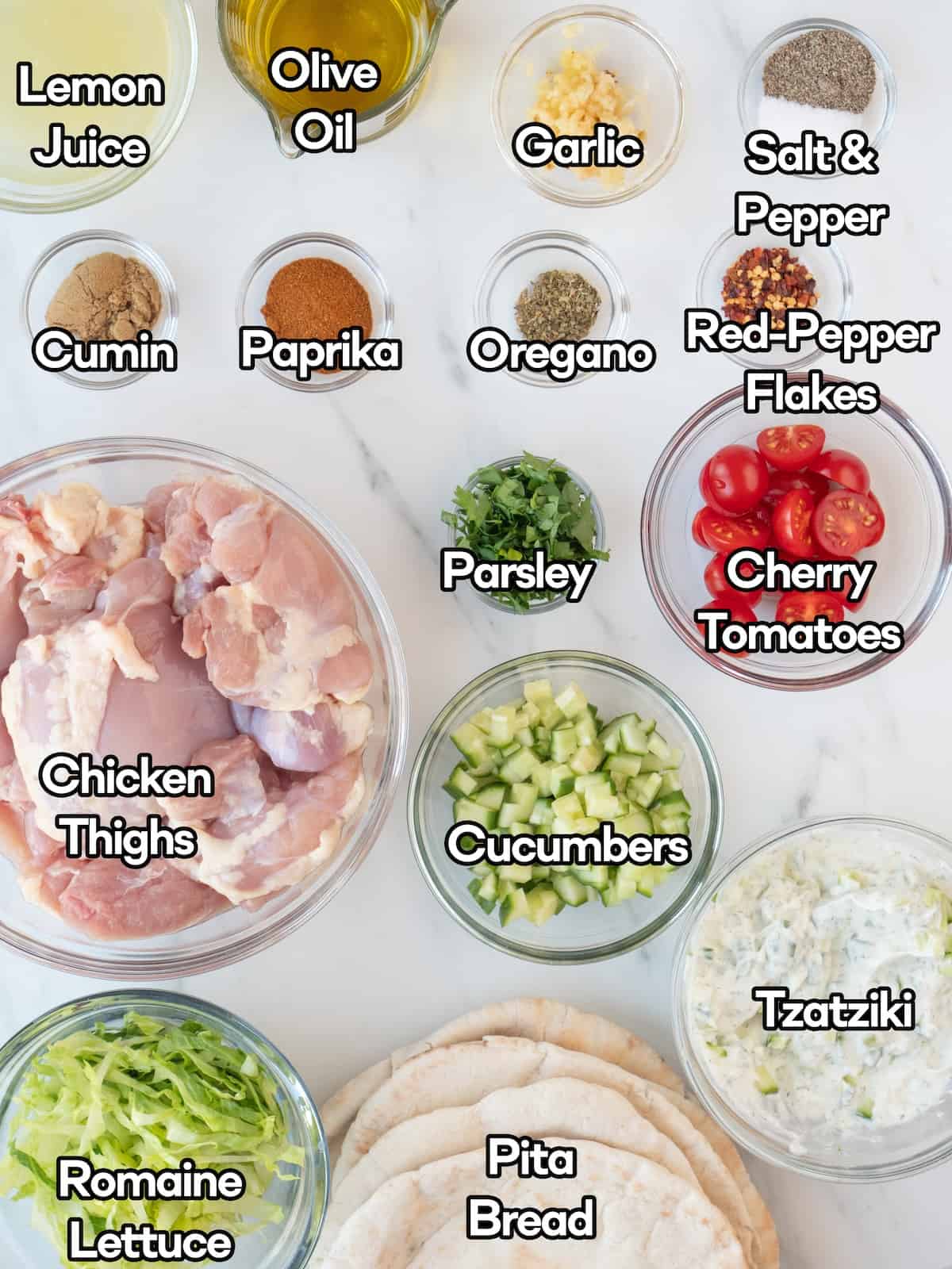 Mise en place of all ingredients to make chicken gyros.