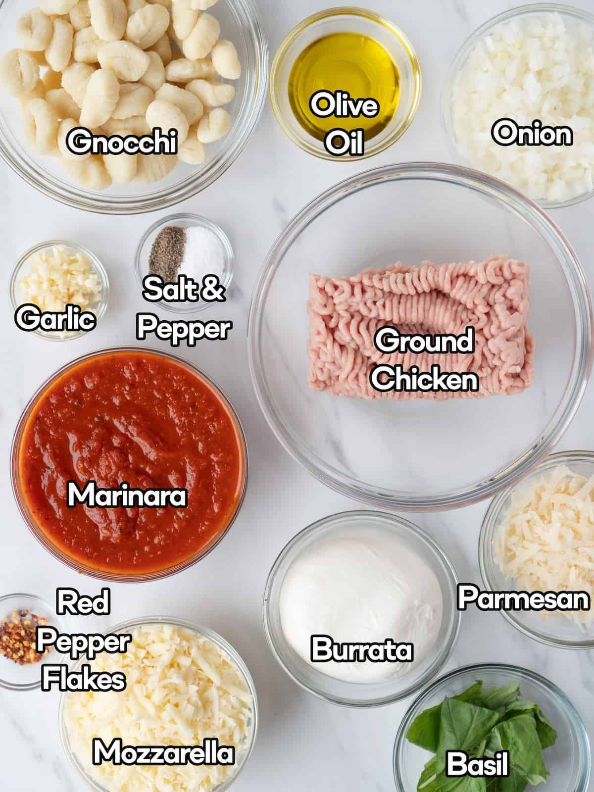 Mise-en-place of all the ingredients to make chicken parmesan gnocchi bake.