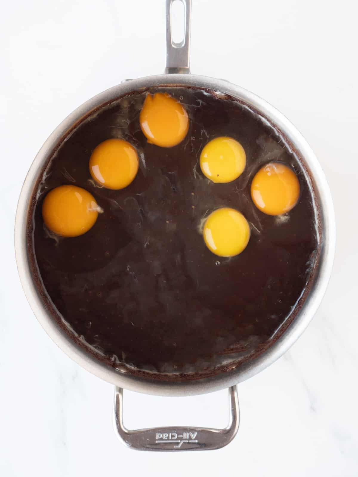 A molten chocolate, butter and sugar mixture, with eggs added.