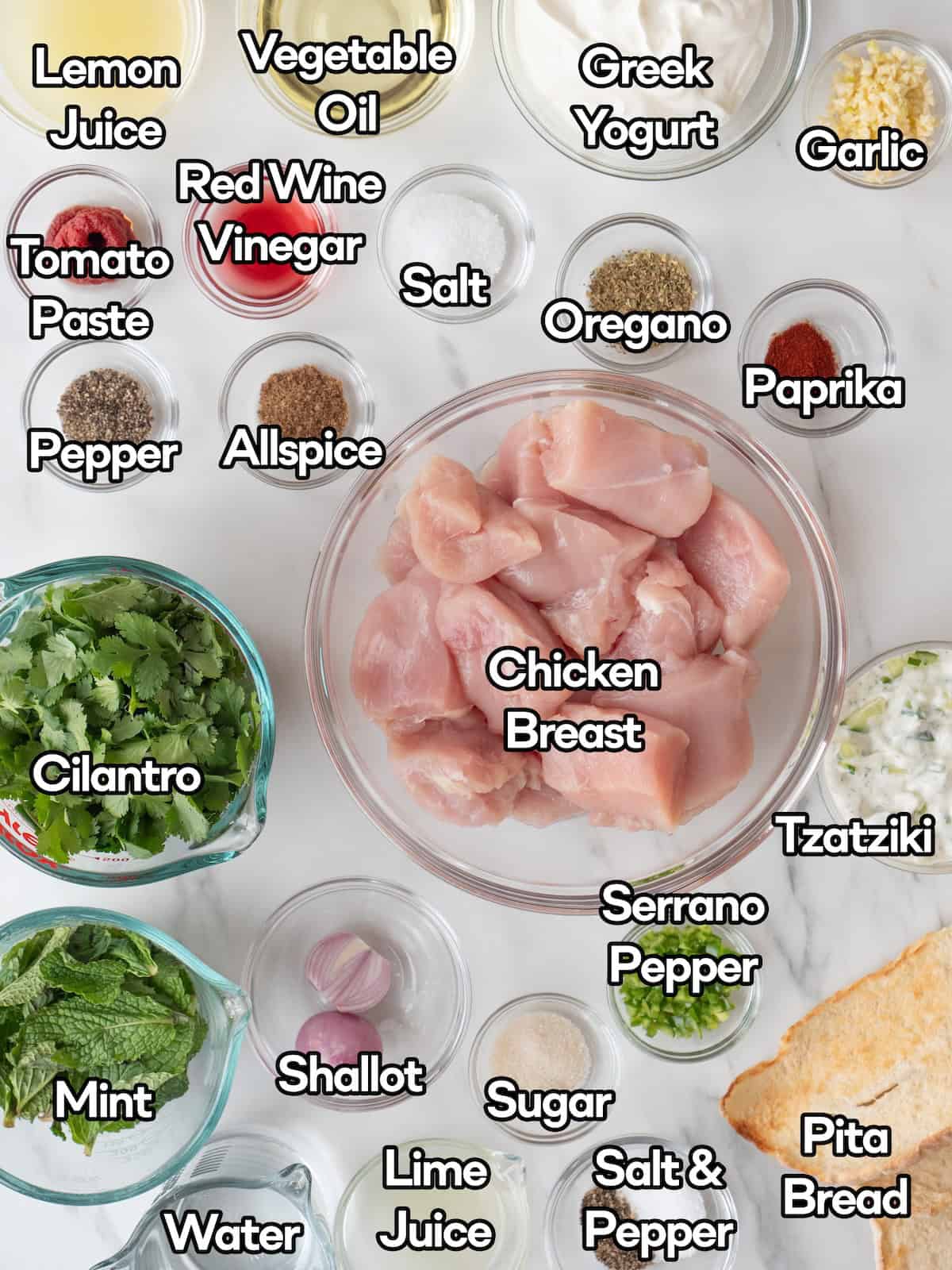 Mise en place of all ingredients to make chicken skewers with cilantro mint sauce.