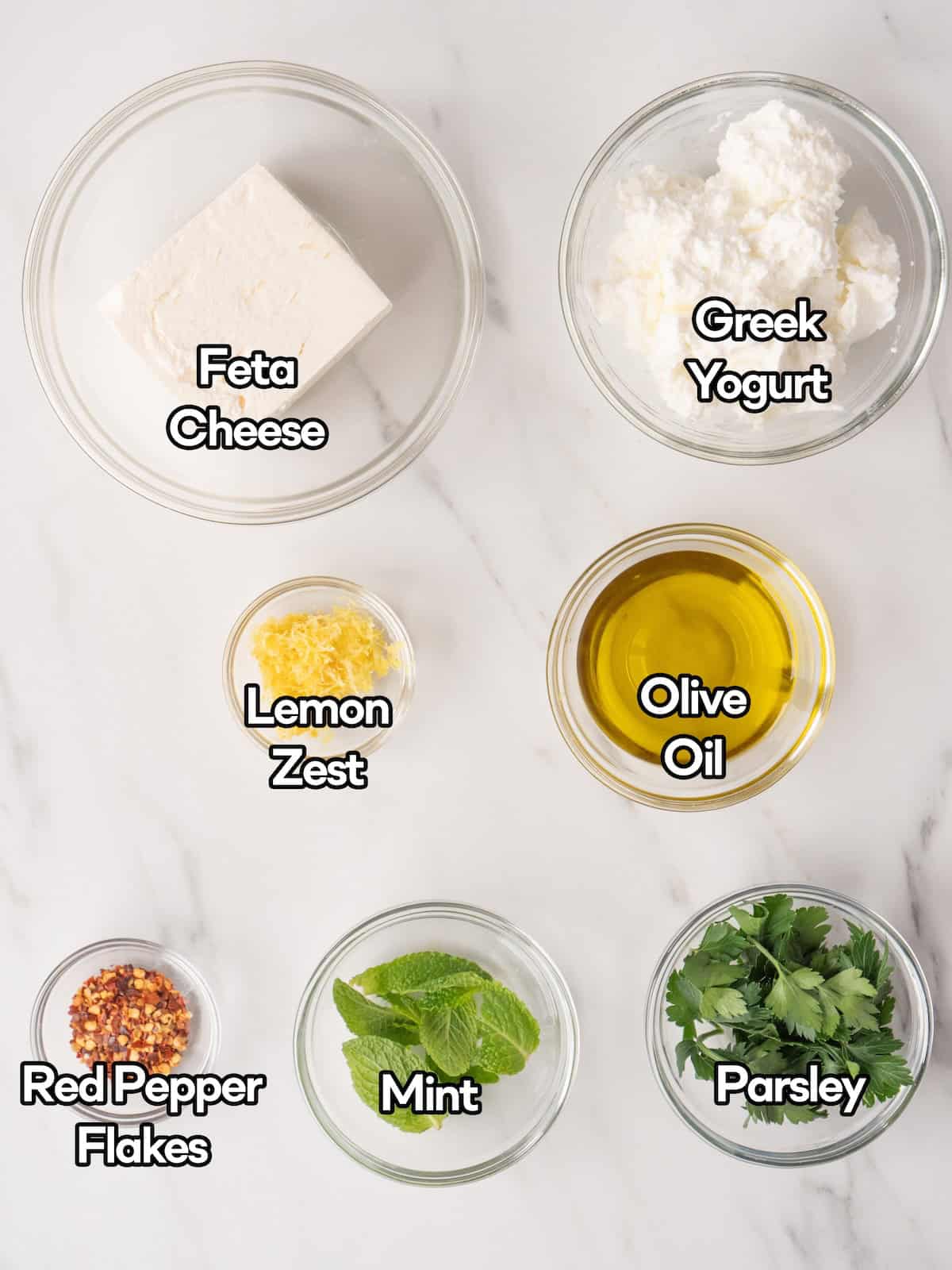 Mise en place of all ingredients to make whipped feta.