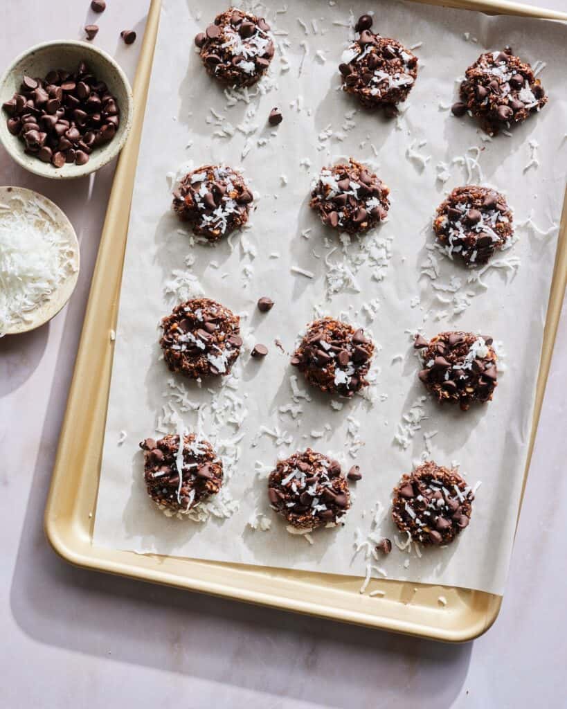 No Bake Double Chocolate Chip Cookies with almond butter and coconut flakes