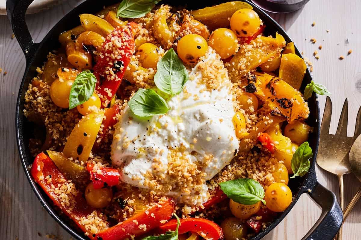 Grilled Bell Peppers with Burrata and Bread Crumbs
