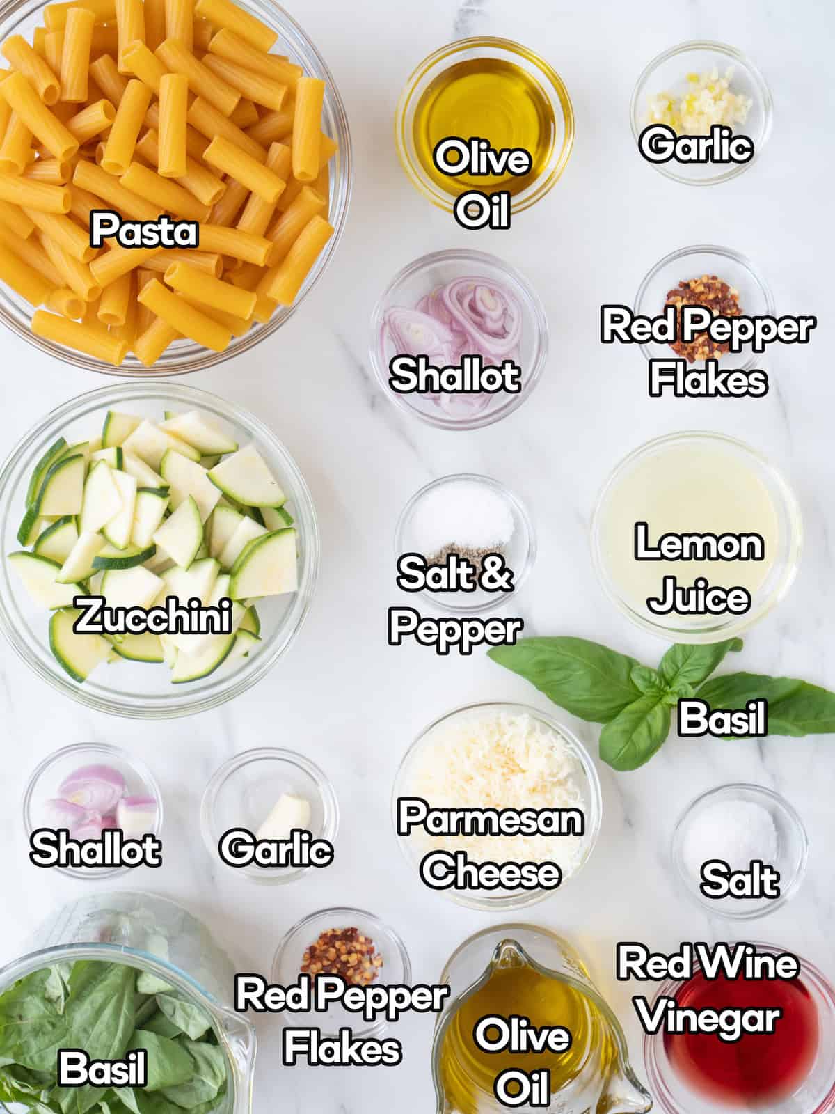 Mise en place of all ingredients to make basil vinaigrette pasta.