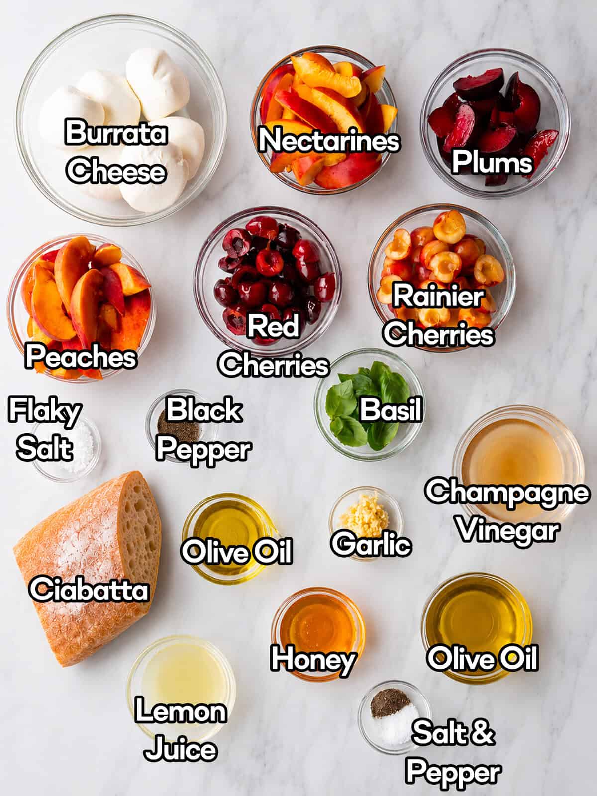Ingredients for Cherry Peach Panzanella salad