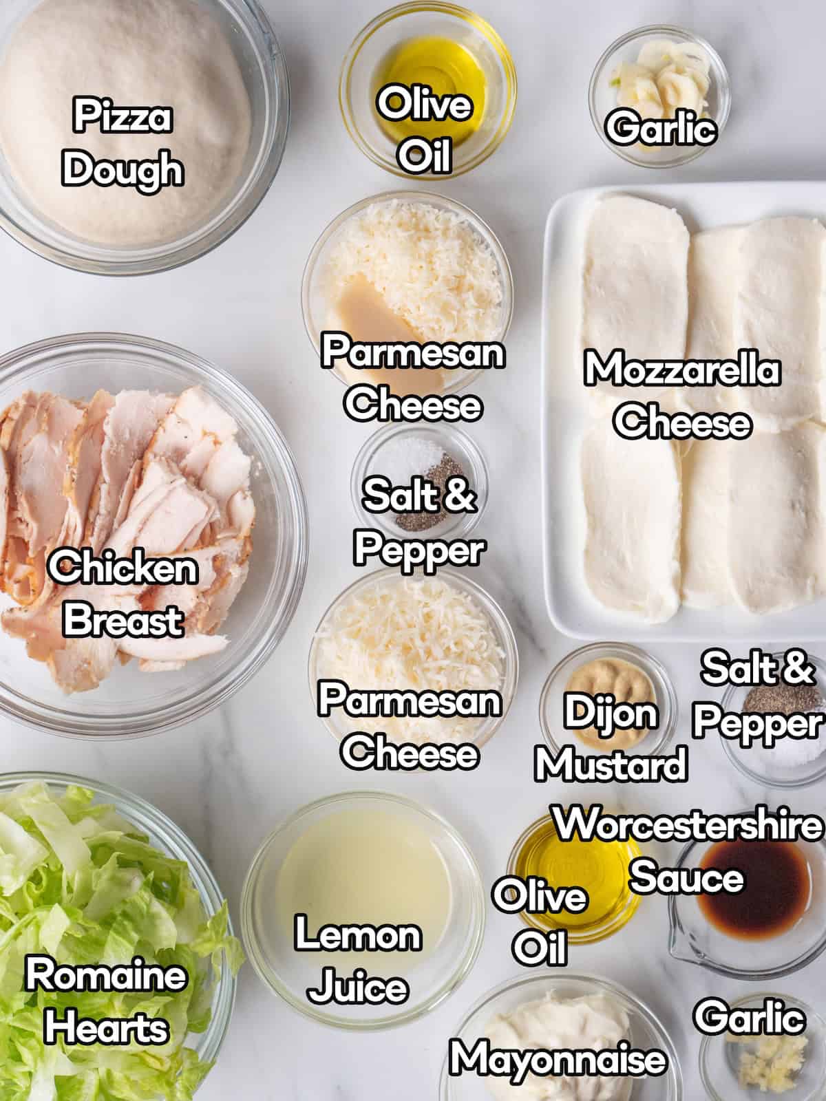 Mise en place of all ingredients to make chicken caesar salad pizza.