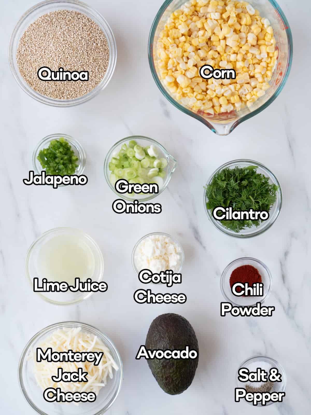 Mise en place of all ingredients to make Mexican corn and quinoa salad.